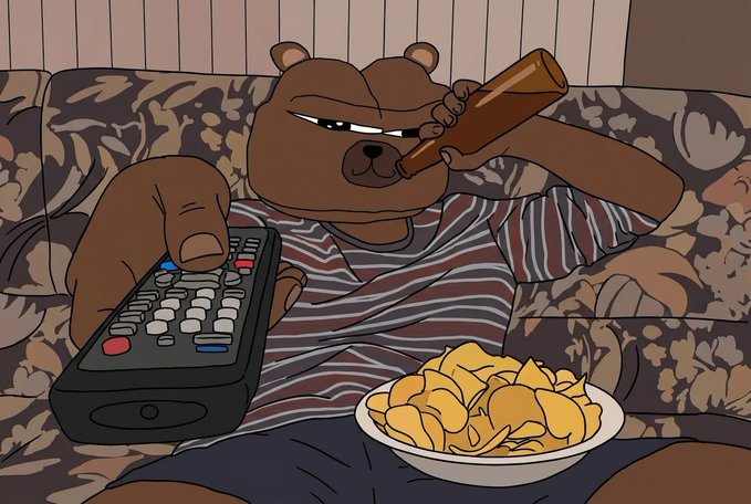 The image features a cartoon bear sitting on a couch, holding a beer bottle in its paw while eating chips from a bowl placed next to him. The scene appears to be set up for watching television or enjoying some form of entertainment together with friends or family members.