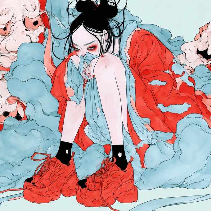 A stylized illustration depicts a pale-skinned figure with a black topknot and red eyeshadow, seated amidst swirling red and blue fabric or clouds, wearing oversized red chunky sneakers. The artwork aligns with the "Three Hanas" NFT collection on OpenSea, showcasing the artist's signature aesthetic of delicate figures paired with bold, statement footwear.