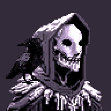 Dark pixel art of a grim reaper figure in a hooded robe with a skull face and a black raven perched on its shoulder.