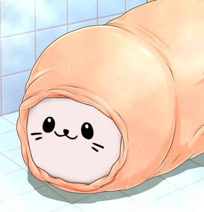 An anime-style illustration of a peeled log or cylindrical object with a cute smiling face drawn on its end, sitting in a tiled bathroom.