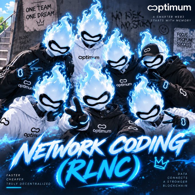 A promotional graphic for 'Optimum' featuring characters with flaming heads wearing infinity-symbol masks, advertising 'Network Coding (RLNC)' with claims of being faster, cheaper, and truly decentralized.