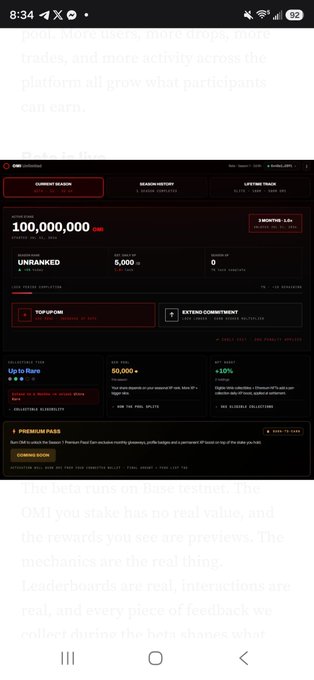 A dark-themed dashboard interface displays a 'CURRENT SEASON' screen showing '100,000,000' points, ranked 'UNRANKED' with 5,000 lifetime tracker points.
