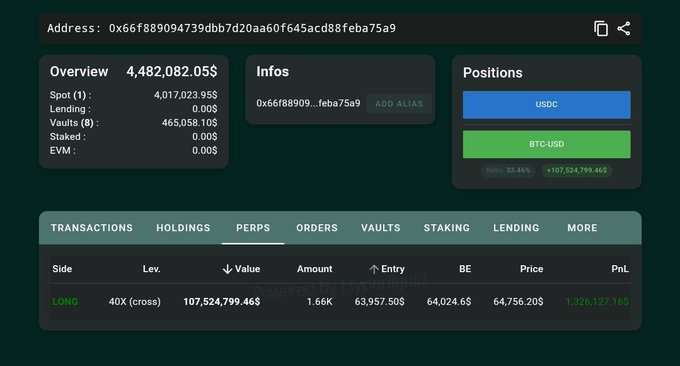 This image displays the details of a crypto wallet's position, showing a "LONG 40X (cross)" trade with a value of "$107,524,799.46$" and a PnL of "$1,326,127.16$". This directly illustrates the "BTC whale" mentioned.