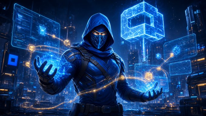 A hooded, masked cyberpunk figure in blue armor manipulates glowing blue holographic interfaces and a large 3D cube above a futuristic cityscape.