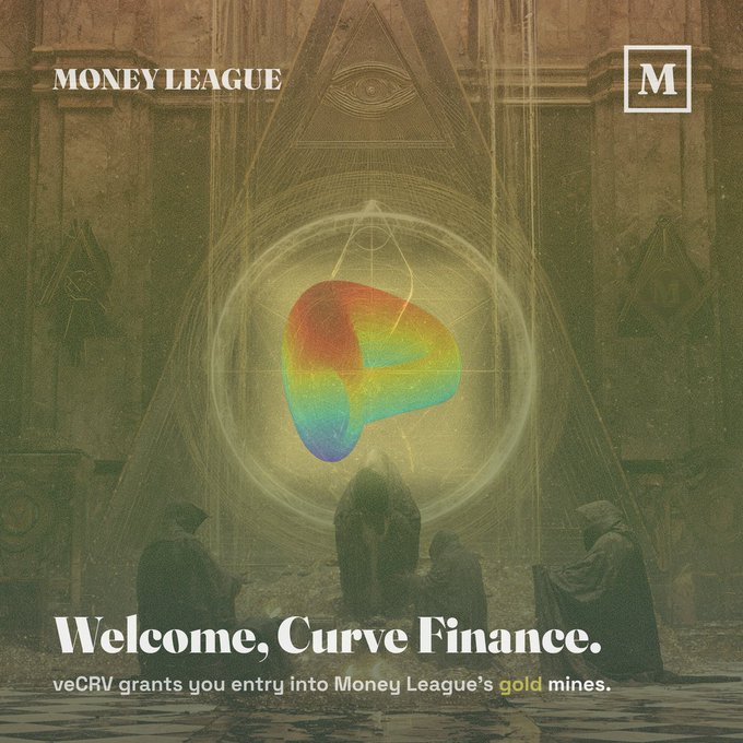 A promotional poster for 'Money League' featuring a glowing multicolored heart-shaped object within a pyramid and all-seeing eye, with text reading 'Welcome, Curve Finance. veCRV grants you entry into Money League's gold mines.'