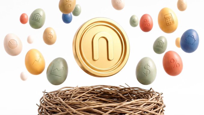 A golden coin featuring the "n" nUSD logo hovers above a woven nest, surrounded by colorful eggs marked with financial symbols (dollar signs, percentages, charts, and bank icons), symbolizing the birth and security of the nUSD protocol following its successful Sherlock DeFi audit.