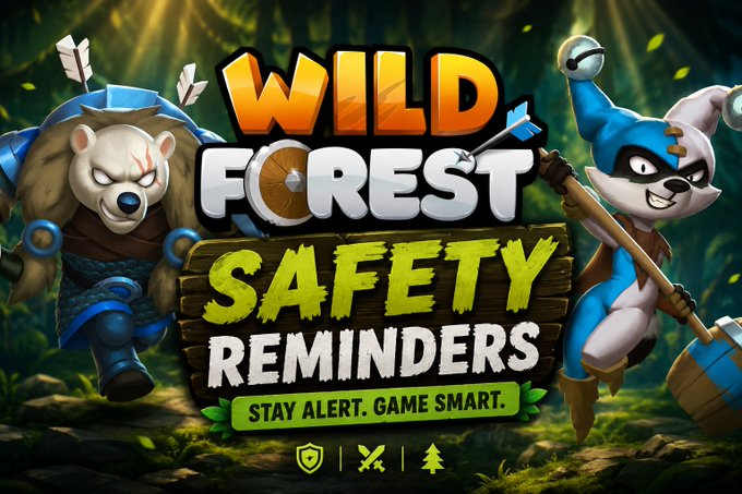 A colorful gaming banner titled "WILD FOREST SAFETY REMINDERS" with the tagline "STAY ALERT. GAME SMART." features a warrior bear character on the left and a jester/archer rabbit character on the right against a forest backdrop.
