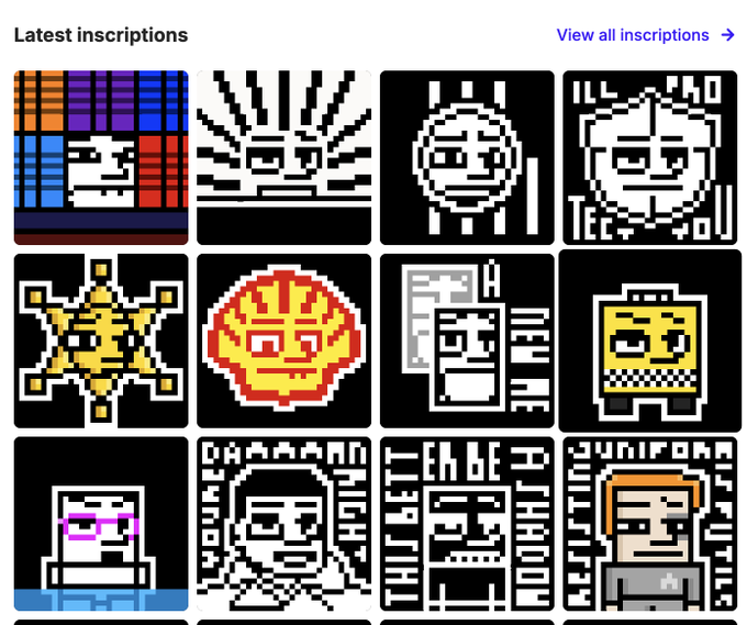 A grid of pixelated art inscriptions featuring various character portraits and designs, with header text "Latest inscriptions" and a "View all inscriptions" link.