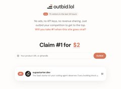 Mobile app screenshot for 'outbidlol' showing a message about joining a Discord, with a button to 'Claim #1 for $2' and a listing for a bid on 'captainstar.dev' with $1 USD.