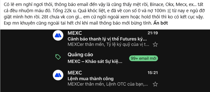 A Vietnamese-language text message discussing cryptocurrency markets (Binance, Okx, Mexc) and market movements, alongside screenshots of MEXC email notifications including a "Cảnh báo thanh lý vị thế Futures ký..." (Futures position liquidation warning) at 21:19 and a "Lệnh mua thành công" (Order purchase successful) at 15:21.