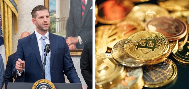 A split image shows Eric Trump speaking at a podium bearing the Presidential Seal on the left, alongside a close-up of physical Bitcoin tokens with the '₿' symbol on the right.