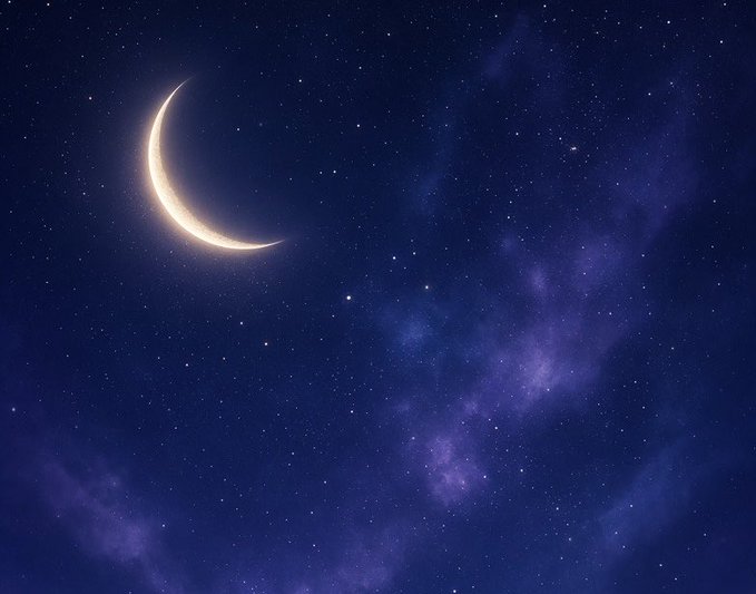A crescent moon glows against a deep blue starry night sky with wispy purple clouds.