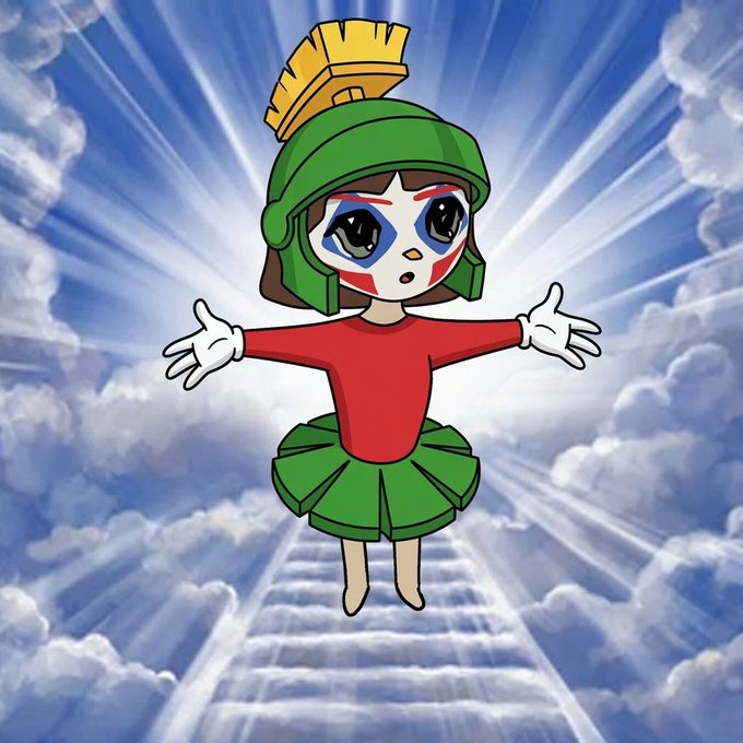 A cartoon character with face paint, a green helmet featuring a yellow mohawk, a red top, and a green tutu stands with arms outstretched, ascending a luminous staircase into the clouds—symbolizing the "$MARVIN army" welcoming a new member to its ranks in a heavenly, triumphant fashion.