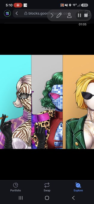 A screenshot from the GoodFellas NFT marketplace at blocks.goodfellasnft.com displays three stylized NFT portraits—one with zebra-stripe patterns and sunglasses, one with green hair and a blue checkered face, and one with yellow hair and an eyepatch—showcasing art from the "Siren Syndicate" collection referenced in the post. The browser tab shows "blocks.goodfellasnft.co" with the Explore tab highlighted at the bottom navigation bar.