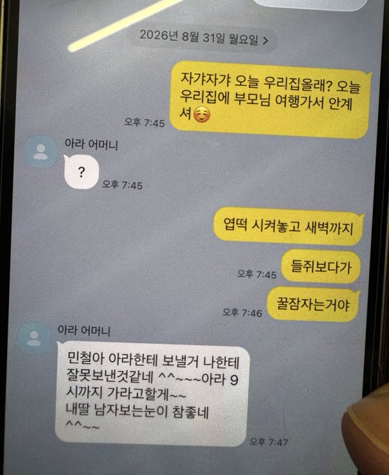 The image shows a Korean KakaoTalk conversation dated August 31, 2026, where a daughter texts her mom asking "자갸자가 오늘 우리집올래? 오늘 우리집에 부모님 여행가서 언제서" (asking if her friend should come over since her parents are traveling), and the mom casually responds with "?" while thinking "민철아 아리한테 보냈거 나한테 잘못보냈갈네 야~~~~~야 9시까지 가라고할게~~~ 내딸 남자보는눈이 참좋네^^~~" (realizing the message was meant for Mincheol, not her, and noting her daughter has a good eye for boys), which the original poster found humorously suspicious.