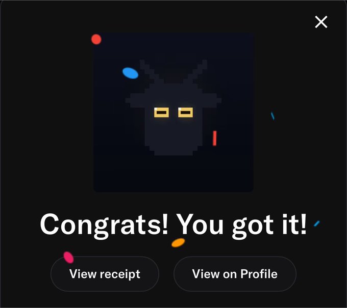 A congratulatory pop-up displays a pixelated dark creature with yellow eyes on a black background, with text reading "Congrats! You got it!" alongside "View receipt" and "View on Profile" buttons, celebrating the successful mint of a Cashmere Labs NFT.