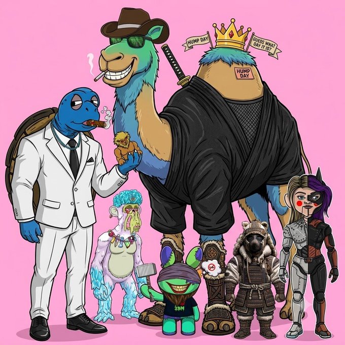 A colorful illustration features various NFT-style characters on a pink background, including a blue turtle in a white suit, a camel with a crown and 'HUMP DAY' tattoo, a samurai sheep, and other quirky figures.