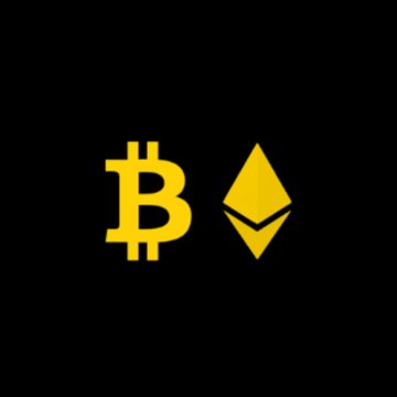 The image displays the Bitcoin logo (₿) alongside the Ethereum diamond logo, both rendered in gold/yellow against a black background. These symbols represent $BTC and $ETH, the two cryptocurrencies mentioned in the accompanying post about ETF flows.