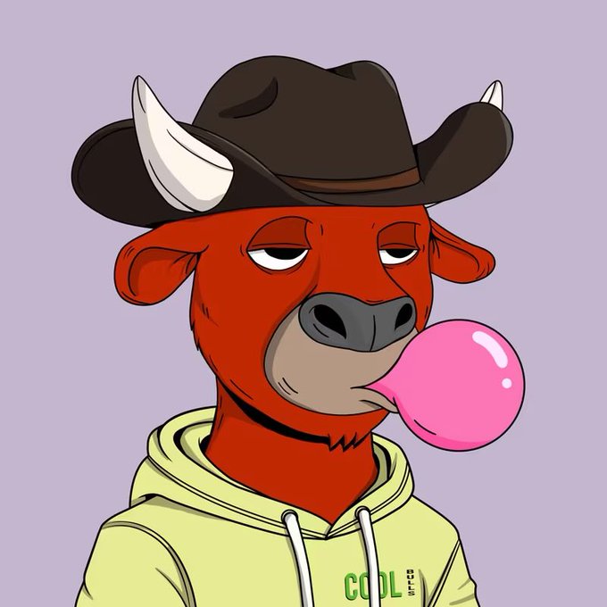 A cartoon illustration of a red bull character wearing a cowboy hat and a light green 'COOL BULL' hoodie, blowing a pink bubble gum bubble against a lavender background.
