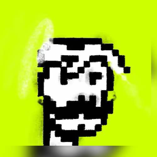 A pixelated black and white skull-like figure with dripping effects on a bright yellow-green background.