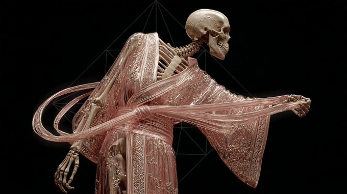 A 3D rendering of a skeleton draped in an intricate pink robe, floating within a geometric wireframe structure against a black background.