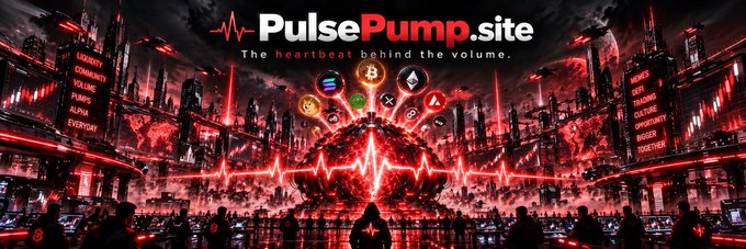 A digital banner for 'PulsePump.site' featuring a red cyberpunk city, a heart with an EKG line, and cryptocurrency logos, with the tagline 'The heartbeat behind the volume.' and a sidebar listing items like 'LIQUIDITY', 'COMMUNITY', 'VOLUME', and 'MEMES'.