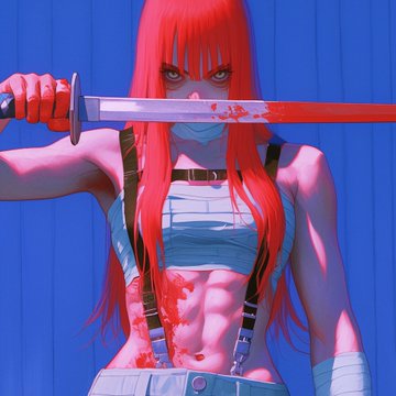 A 3D rendered image of a red-haired anime-style character holding a bloodied katana sword across her face against a blue background.