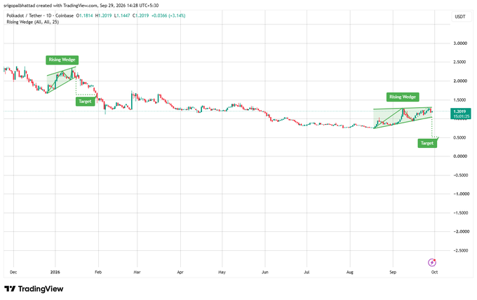 A TradingView candlestick chart for Polkadot/Tether 10 on Coinbase shows technical analysis annotations including 'Rising Wedge' patterns and 'Target' indicators, with the current price around 1.2019 USDT.