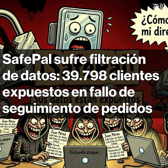 A cartoon illustration of hackers working on laptops is overlaid with a Spanish news headline: 'SafePal sufre filtración de datos: 39.798 clientes expuestos en fallo de seguimiento de pedidos'.
