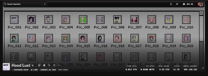 An NFT marketplace interface showing a collection called 'Hood Lust' by Rosewood Chain, featuring a grid of pixel-art character thumbnails (Pic_001-Pic_027) with stats including 0.012 ETH floor price and 11.7% listed.