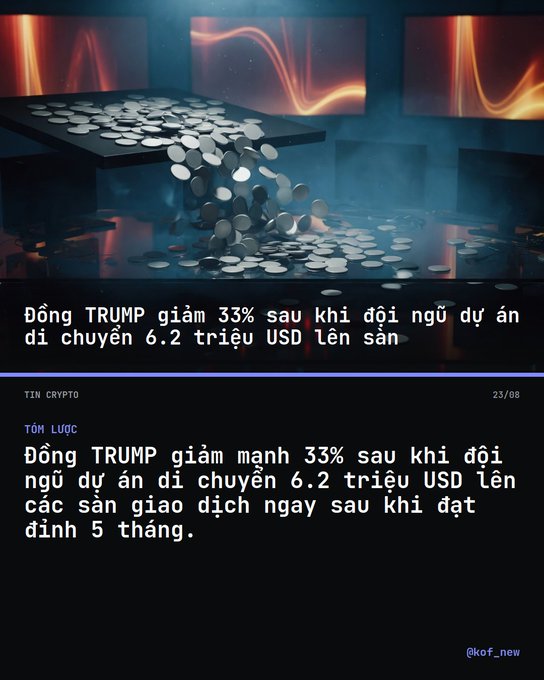 A crypto news graphic in Vietnamese with text reading 'Đồng TRUMP giảm 33% sau khi đợi ngũ dự án di chuyển 6.2 triệu USD lên sàn' and 'TIN CRYPTO 25/08'. The background shows silver coins falling from a platform with glowing orange-red screens.