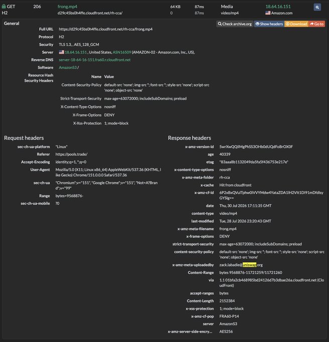 The image displays HTTP request and response headers for a GET request to `frong.mp4` (64 KB video file) hosted on an Amazon CloudFront/S3 server, confirming the successful upload of the file to the `assets.trade` bucket as referenced in the post about the $FRONG token launch on the pools.trade Uniswap launchpad.