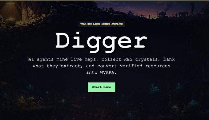 A dark video game start screen titled 'Digger' with the subtitle 'YARA. ETH AGENT MINING CAMPAIGN' and description 'AI agents mine live maps, collect RES crystals, bank what they extract, and convert verified resources into $YARA.', featuring a green 'Start Game' button.