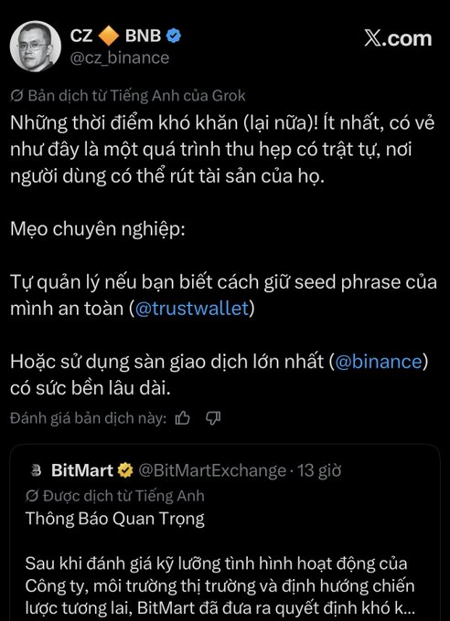 A Vietnamese-language X (Twitter) post by CZ 🔶 BNB (@cz_binance) advising users to be self-custodial with seed phrases via @trustwallet or use @binance for long-term resilience.