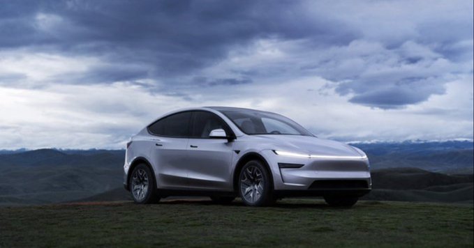 A silver Tesla SUV is parked on a grassy hilltop against a dramatic cloudy sky, fitting with the post's discussion of $TSLA's growing global vehicle fleet driven by FSD (Full Self-Driving) technology.