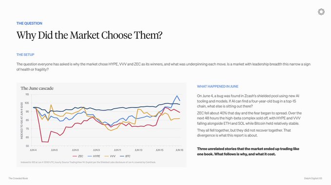 A slide titled "Why Did the Market Choose Them?" featuring a line chart labeled "The June cascade" tracking ZEC, HYPE, VVV, and BTC indexed to $100 from Jun 4-16, with text explaining that ZEC, HYPE, and VVV all fell 40%+ on June 4th while BTC held steady, illustrating the correlation between three unrelated tokens that had become crowded trades.