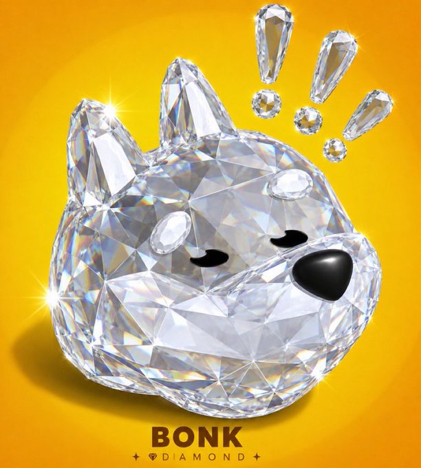A 3D illustration of a cute, faceted crystal dog head with closed eyes against a bright yellow background, with diamond shapes floating nearby and text reading 'BONK DIAMOND'.
