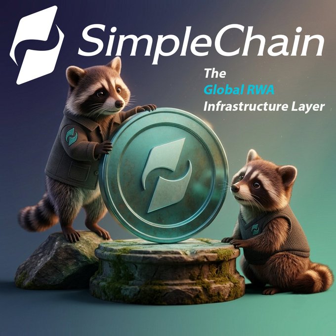 An illustration of two raccoons next to a stone pedestal holding a large coin with the SimpleChain logo, accompanied by the text 'SimpleChain - The Global RWA Infrastructure Layer'.