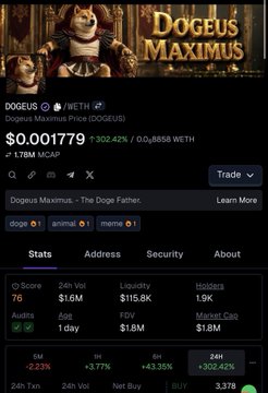 The image shows a screenshot of a social media post with a meme featuring a dog character wearing a crown. The caption reads "There'S a meme vibe here #DOGEUS, will it become the #KEKIUS version or not? Overthinking it too much, bros Sponsor Momo is ready". This post seems to be related to the game "DOGEUS MAXIMUS" as indicated by the title and the price displayed. The image also includes a screenshot of the trading platform where users can buy and sell digital assets like cryptocurrencies or tokens for Ether.
