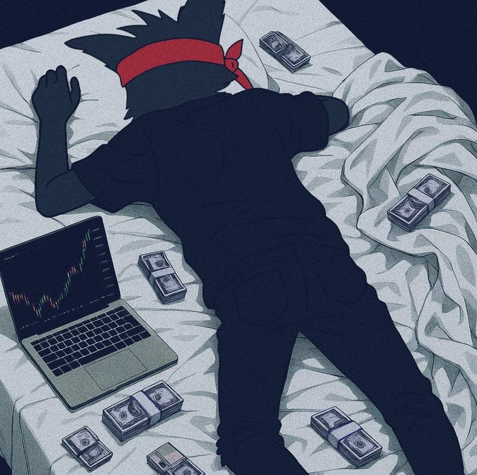 An anime-style illustration shows a dark-haired character wearing a red headband lying face-down on a white bed, surrounded by stacks of cash and an open laptop displaying a trading chart.