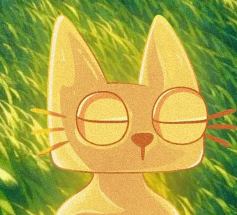 An illustration of a yellow cat with half-closed eyes standing in green grass.