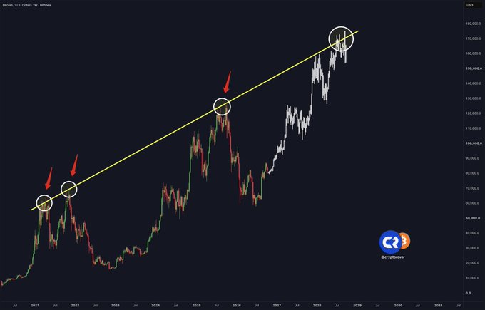 A Bitcoin/USD weekly candlestick chart displays a long-term uptrend line connecting previous peaks, with annotations and circles marking historical highs around 2021, 2024, and a projected future target near $180,000 by 2029, illustrating the prediction that Bitcoin will reach $160,000-$180,000 in the current cycle. The chart is credited to @cryptohammer and labeled "Bitcoin / U.S. Dollar 1W Bitfinex."