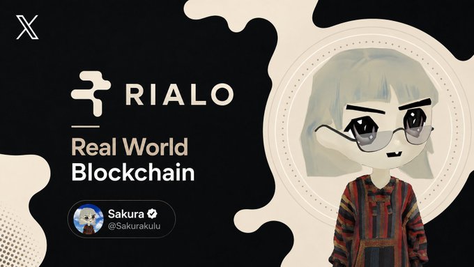 A promotional image for 'RIALO - Real World Blockchain' featuring an anime-style character with glasses and a striped shirt, displayed alongside the X (Twitter) logo.