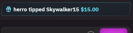 A digital tip notification displays "herro tipped Skywalker15 $15.00" with a blue gift icon on a dark background, showing a donation made to a user named Skywalker15, which relates to the post's message about returning affiliate earnings to referred players.