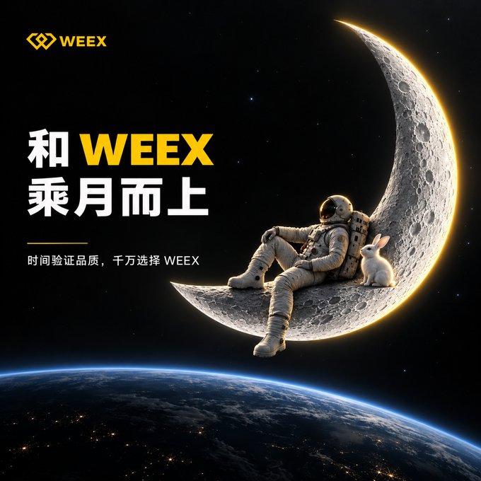 A WEEX advertisement features an astronaut sitting on a crescent moon with Earth visible below, alongside Chinese text '和WEEX乘月而上' (Riding the moon with WEEX).