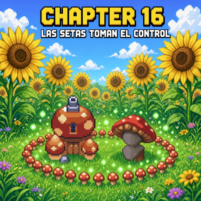 Pixel art illustration titled 'CHAPTER 16 - LAS SETAS TOMAN EL CONTROL' depicts a mushroom-themed house and large red mushrooms surrounded by a circle of smaller mushrooms in a sunflower field.