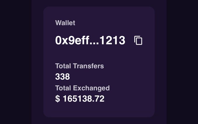 A digital wallet interface displays the address 0x9eff...1213 with 338 total transfers and a total exchanged value of $165,138.72.