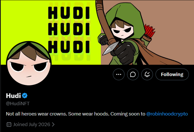 A Twitter/X profile banner and avatar for 'Hudi' (@HudiNFT) featuring a cartoon character in a green hood with a sword, with the bio 'Not all heroes wear crowns. Some wear hoods. Coming soon to @robinhoodcrypto'.