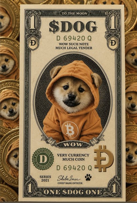 A digital illustration of a Dogecoin-style cryptocurrency note featuring a Shiba Inu dog wearing an orange hoodie, with text including 'TO THE MOON', '$DOG', 'D 69420 Q', 'WOW SUCH NOTE MUCH LEGAL TENDER', and 'ONE $DOG ONE'.