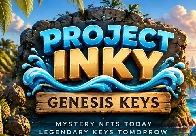 A promotional banner reading 'PROJECT INKY - GENESIS KEYS' with 'MYSTERY NFTS TODAY' and 'LEGENDARY KEYS TOMORROW' set against a tropical island backdrop.